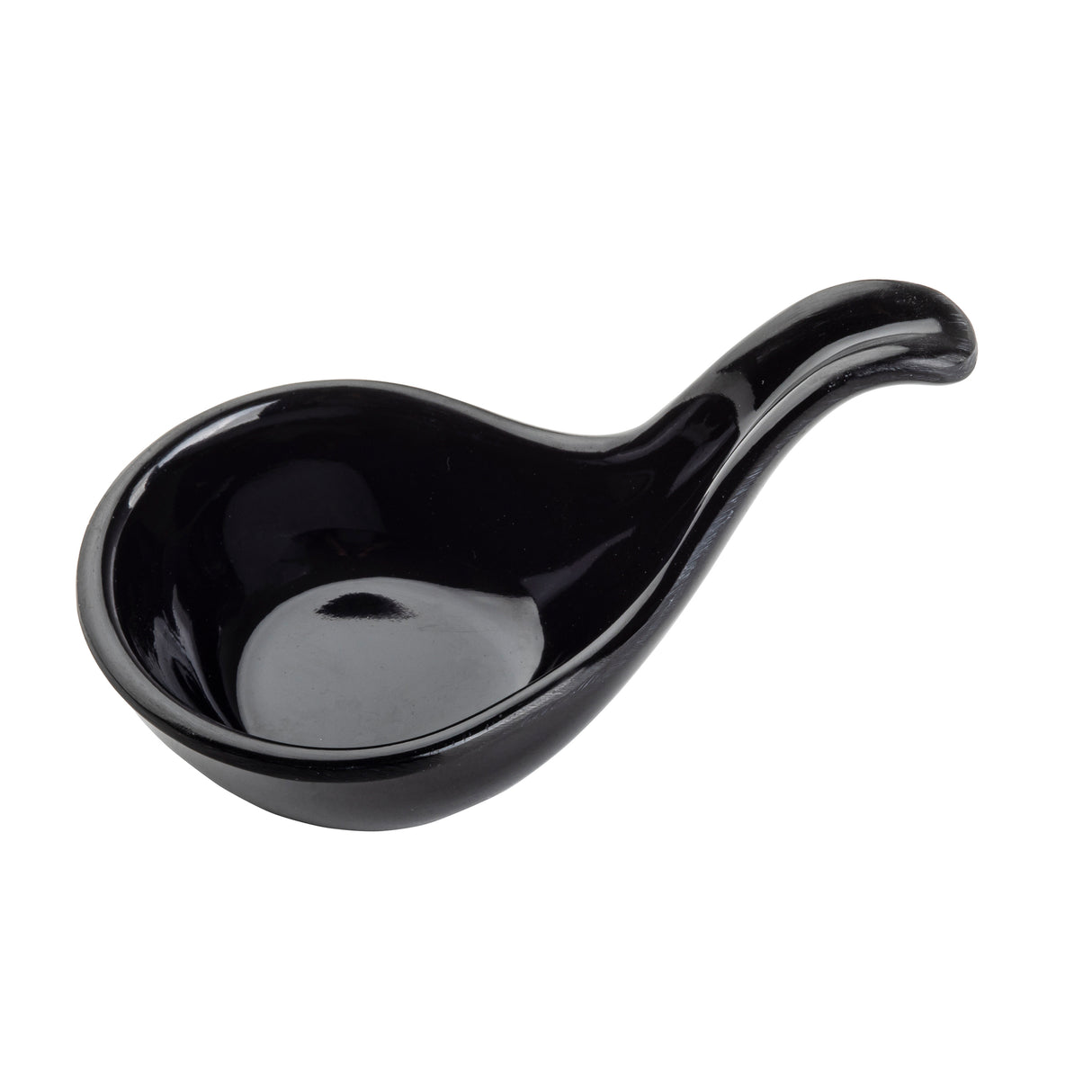 A glossy black melamine soup spoon with a deep, rounded bowl and an extended handle, set against a plain white background. The smooth, shiny surface is not only stylish but also dishwasher safe for easy cleaning.
