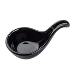 A glossy black melamine soup spoon with a deep, rounded bowl and an extended handle, set against a plain white background. The smooth, shiny surface is not only stylish but also dishwasher safe for easy cleaning.
