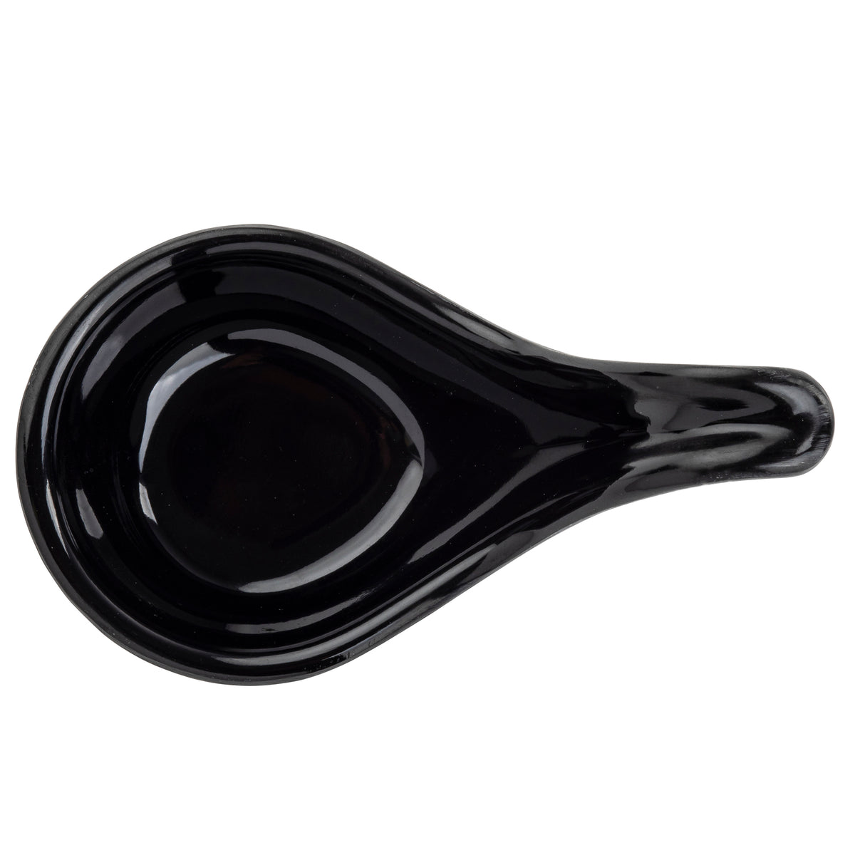 A glossy, black melamine spoon rest with a teardrop shape, shown from above. The center is slightly indented to hold a mini spoon, and the surface is shiny and reflective. Dishwasher safe with a handle that extends smoothly from the rounded base.