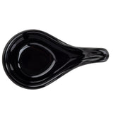 A glossy, black melamine spoon rest with a teardrop shape, shown from above. The center is slightly indented to hold a mini spoon, and the surface is shiny and reflective. Dishwasher safe with a handle that extends smoothly from the rounded base.
