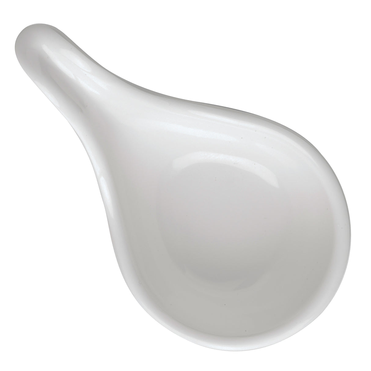 A white mini spoon with a rounded bowl and short handle, viewed from above on a plain background. This TableCraft 10317W features a smooth, glossy finish and a simple, modern design.