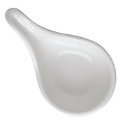 A white mini spoon with a rounded bowl and short handle, viewed from above on a plain background. This TableCraft 10317W features a smooth, glossy finish and a simple, modern design.