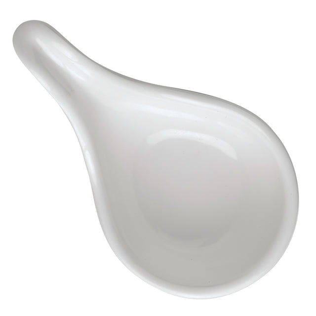 A white mini spoon with a rounded bowl and short handle, viewed from above on a plain background. This TableCraft 10317W features a smooth, glossy finish and a simple, modern design.