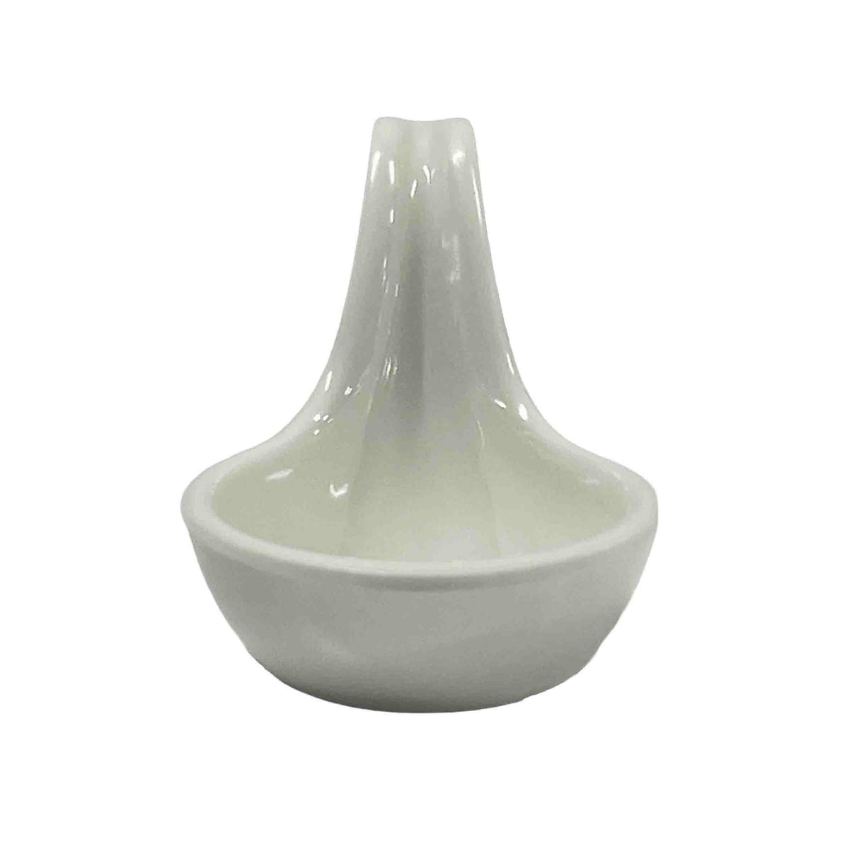A small, white ceramic dish resembling a TableCraft 10317W mini melamine spoon, with a smooth, glossy finish and a tall, curved spout-like handle rising from the rounded bowl. The background is plain and white.