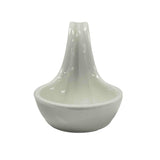 A small, white ceramic dish resembling a TableCraft 10317W mini melamine spoon, with a smooth, glossy finish and a tall, curved spout-like handle rising from the rounded bowl. The background is plain and white.