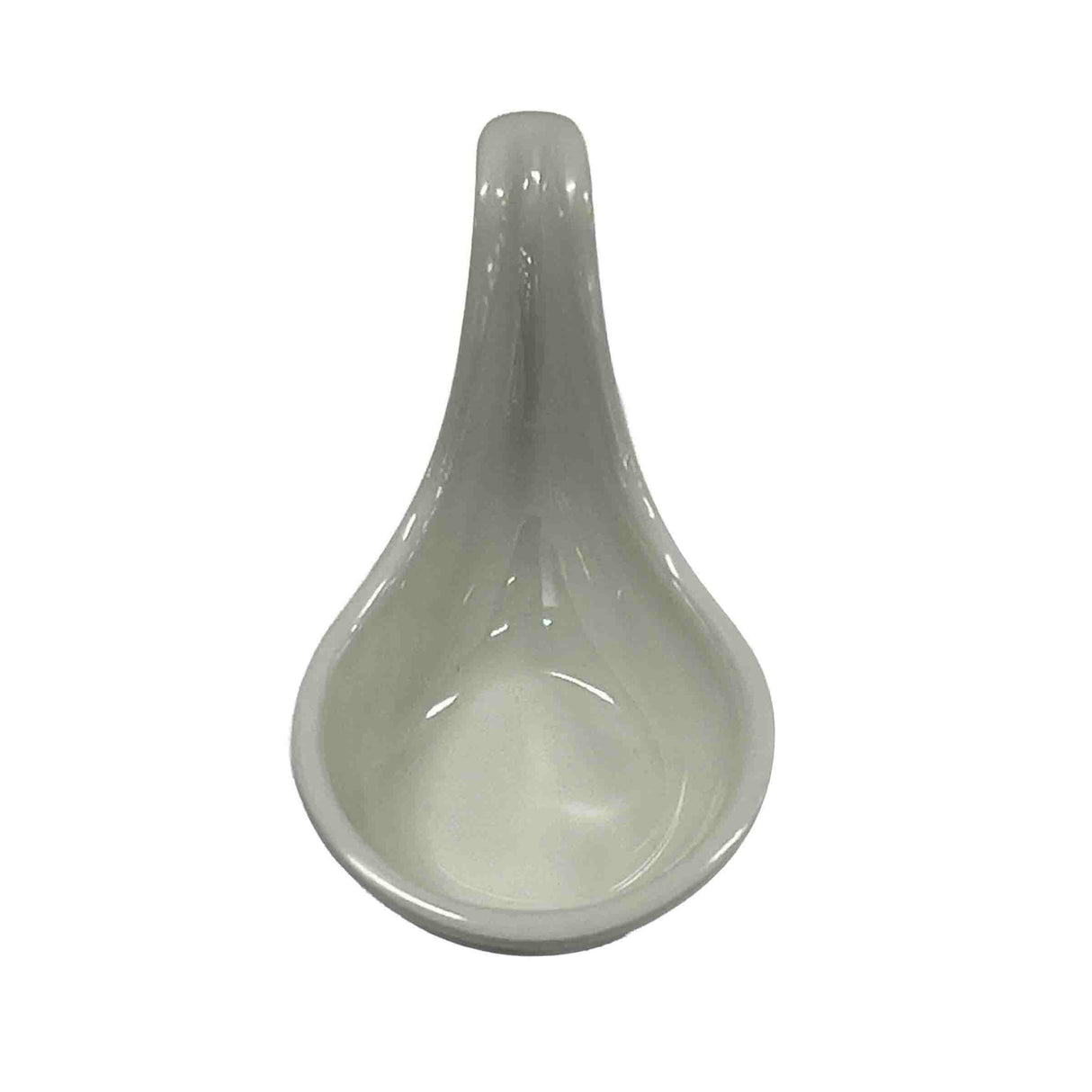 A glossy white mini spoon with a rounded bowl and a short, curved handle, shown from above on a plain white background. The TableCraft 10317W features a smooth surface and simple, modern ceramic design.