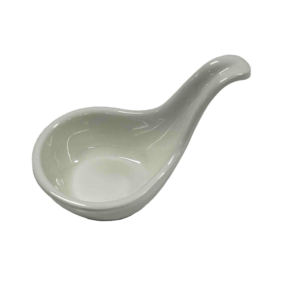 A white ceramic spoon rest with a smooth, glossy finish. Oval-shaped with a shallow bowl and curved handle, it's perfect for holding your white mini spoon or keeping counters clean. Photographed on a plain white background.