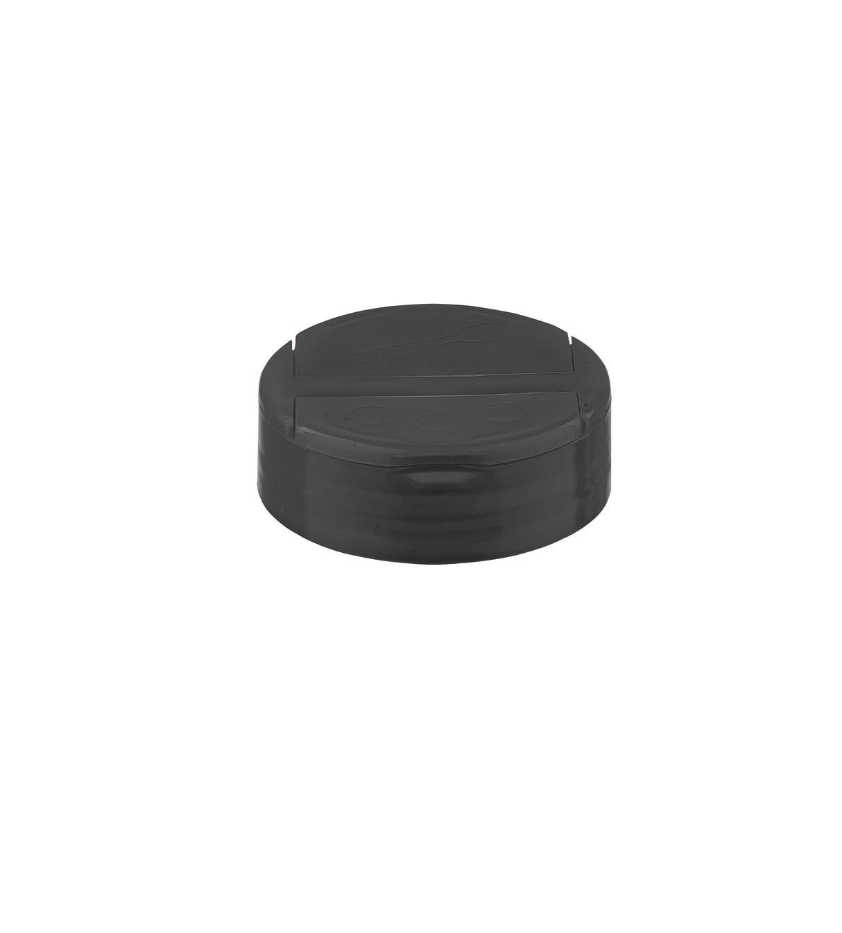A black, round, plastic replacement shaker top with a flat surface and small raised edge, photographed against a white background. The lid features a horizontal line across the middle, suggesting it’s a perforated flip top like the TableCraft 10325.