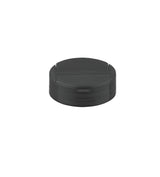A black, round, plastic replacement shaker top with a flat surface and small raised edge, photographed against a white background. The lid features a horizontal line across the middle, suggesting it’s a perforated flip top like the TableCraft 10325.