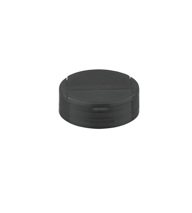 A black, round, plastic replacement shaker top with a flat surface and small raised edge, photographed against a white background. The lid features a horizontal line across the middle, suggesting it’s a perforated flip top like the TableCraft 10325.