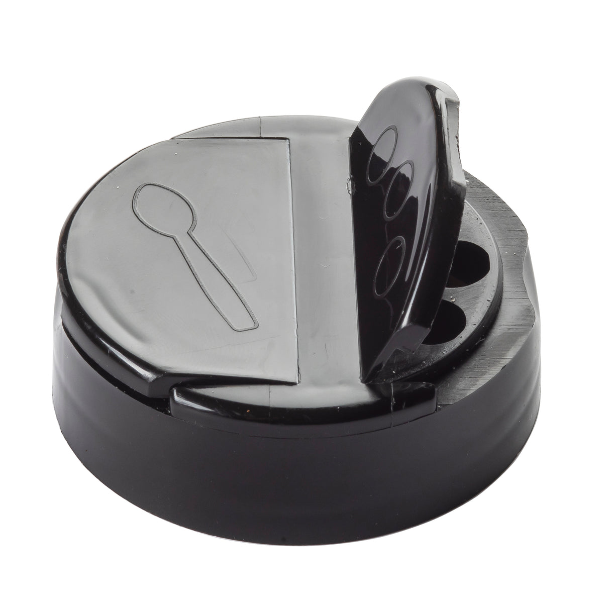 A black plastic coffee cup lid with a raised, hinged tab partially open. Similar to a perforated flip top, it features a spoon symbol embossed on the left and three small ventilation holes near the tab opening.