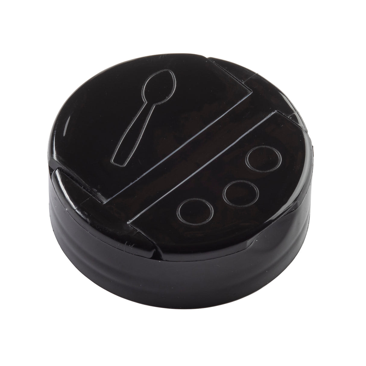 A round black plastic bottle cap with small ridges for grip, this TableCraft 10325 replacement shaker top features embossed symbols—a spoon on the left and three dots in a triangle on the right, separated by a raised line.