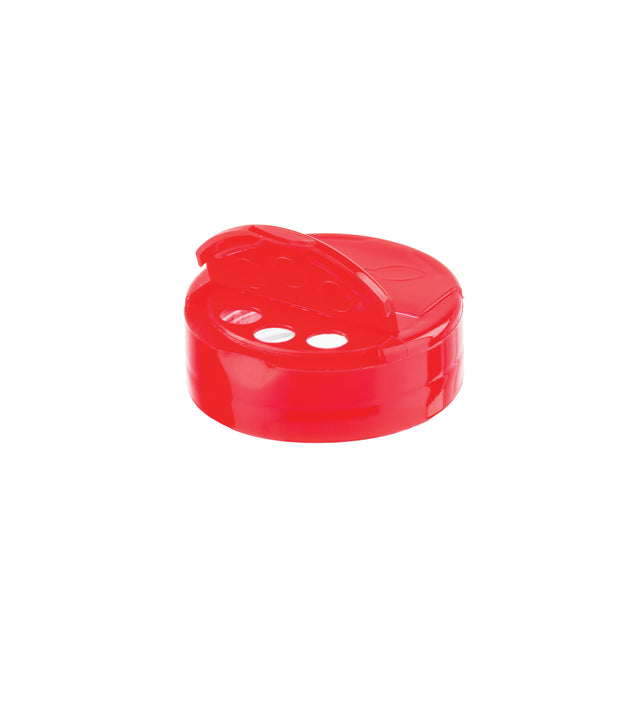 A red plastic shaker replacement top, the TableCraft 10326, features a perforated flip top with three circular holes and a hinged cover. Shown open on a white background, it reveals the ideal design for sprinkling spices.