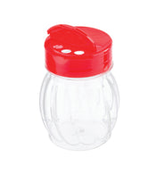 A clear, round glass jar from TableCraft Products features vertical ridges and a bright red flip top plastic lid. The lid, designed for use as a shaker, has three large holes on one side and a convenient flip-top cover. The jar is empty against a white background.