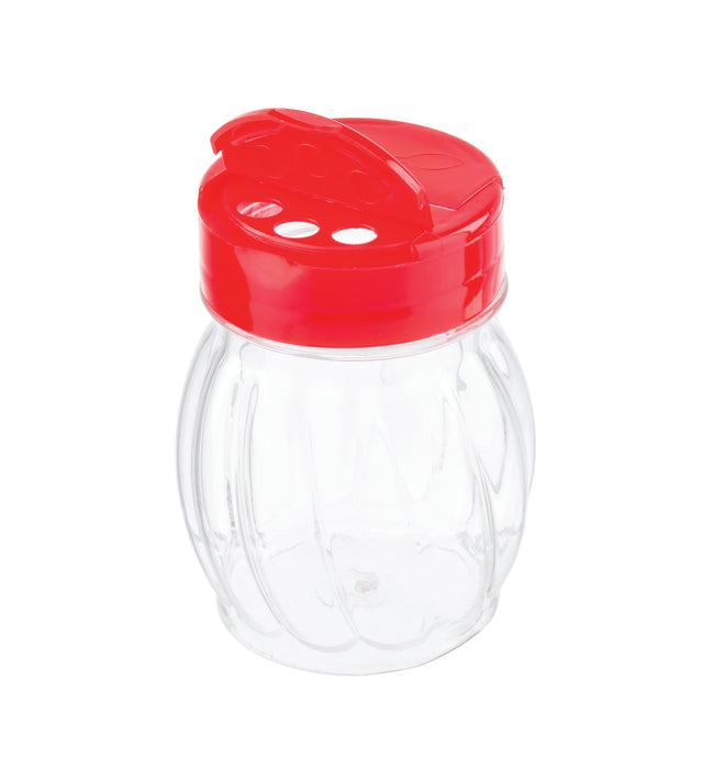 A clear, round glass jar from TableCraft Products features vertical ridges and a bright red flip top plastic lid. The lid, designed for use as a shaker, has three large holes on one side and a convenient flip-top cover. The jar is empty against a white background.