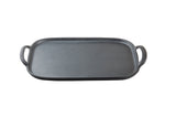 A rectangular, flat, black TableCraft 10331 faux cast iron tray with slightly raised edges and two curved handles on each short side, shown on a white background.