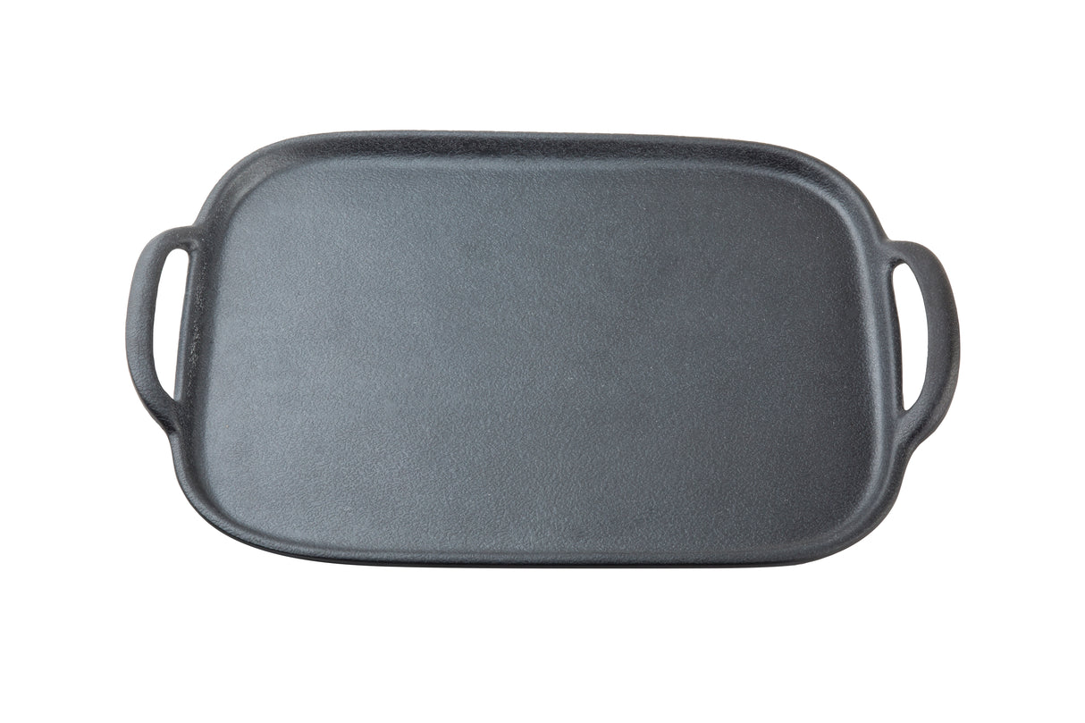 A black TableCraft 10331 cast iron griddle with a square shape, rounded edges, and two wide handles features a slightly textured surface. Photographed on a white background, it offers the classic look of cast iron with modern durability.