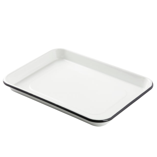 A white rectangular 1/4 size enamel tray with a slightly raised edge and a black rim, placed on a white background. The tray has smooth, rounded corners and a glossy finish, resembling a compact sheet pan.
