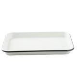 A 1/4 size enamel sheet pan, rectangular with slightly rounded corners and a thin black rim, sits on a plain white background. The tray appears clean, simple, and empty, with shallow sides and a smooth, glossy finish.