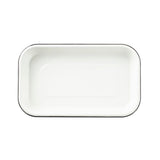 A rectangular, shallow, 1/8 size enamel tray with rounded corners and a thin black rim, photographed from above on a plain white background. The tray has smooth edges and a clean, minimalist sheet pan design.