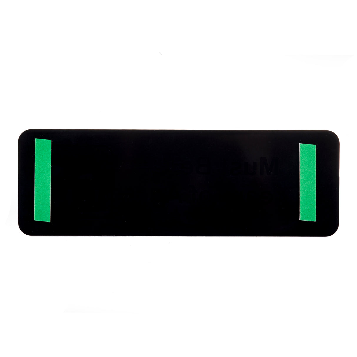 A black rectangular self adhesive sign with rounded corners and two green strips near the left and right edges, positioned against a white background. The surface appears smooth and slightly reflective.