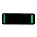 A black rectangular self adhesive sign with rounded corners and two green strips near the left and right edges, positioned against a white background. The surface appears smooth and slightly reflective.
