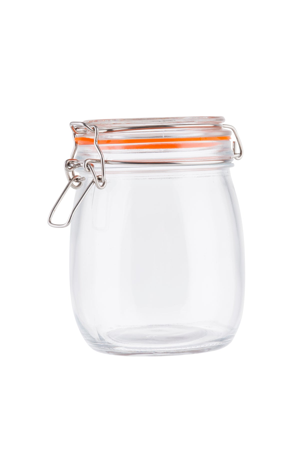 A clear, empty resealable glass canister with a round body and an orange rubber seal. Featuring a clip-top lid with a hinged metal clasp for airtight storage, the jar stands out against the plain white background.