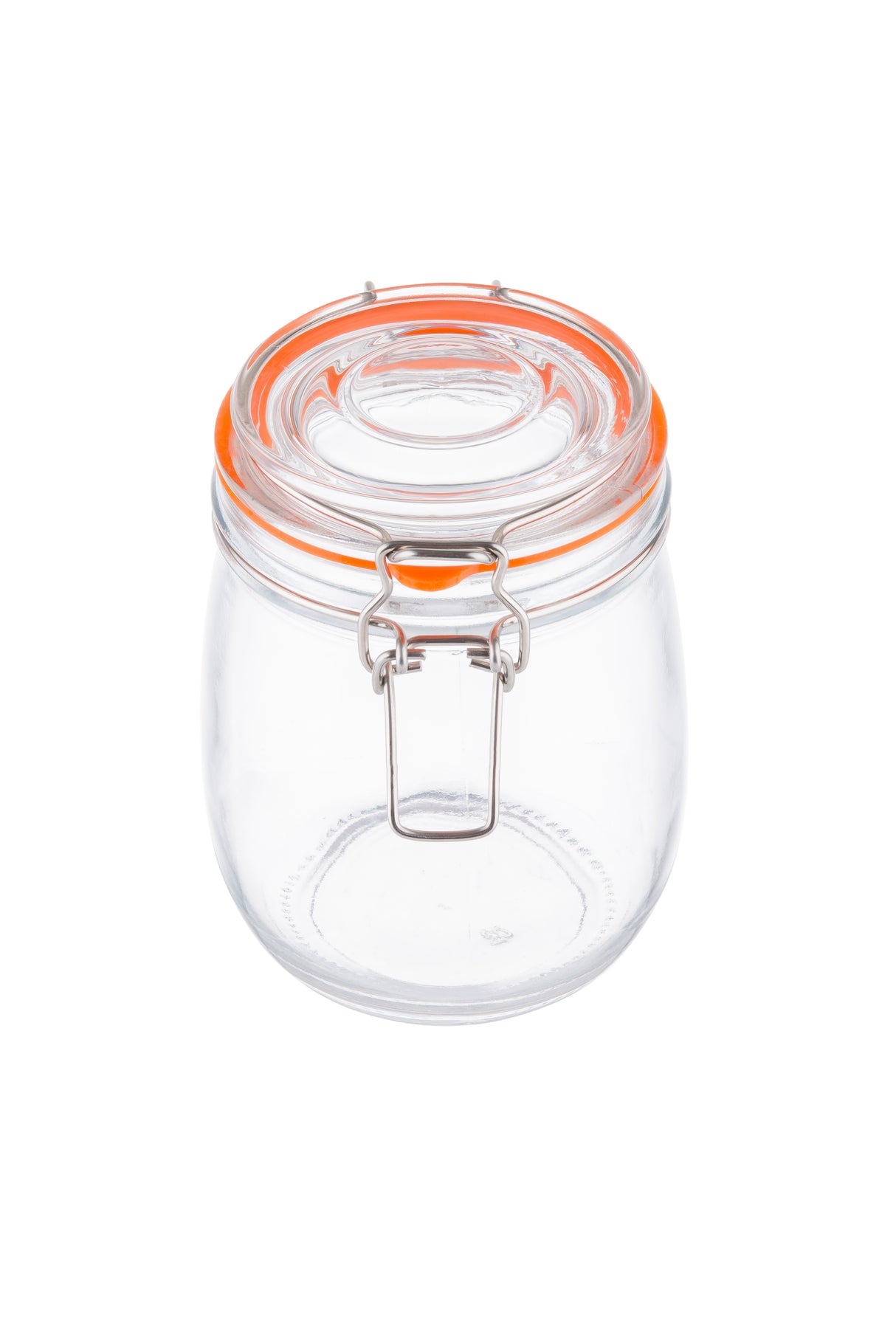 A transparent glass resealable canister with a round shape, an orange silicone seal around the clip-top lid, and a metal clasp closure at the front. The empty jar is set against a white background.