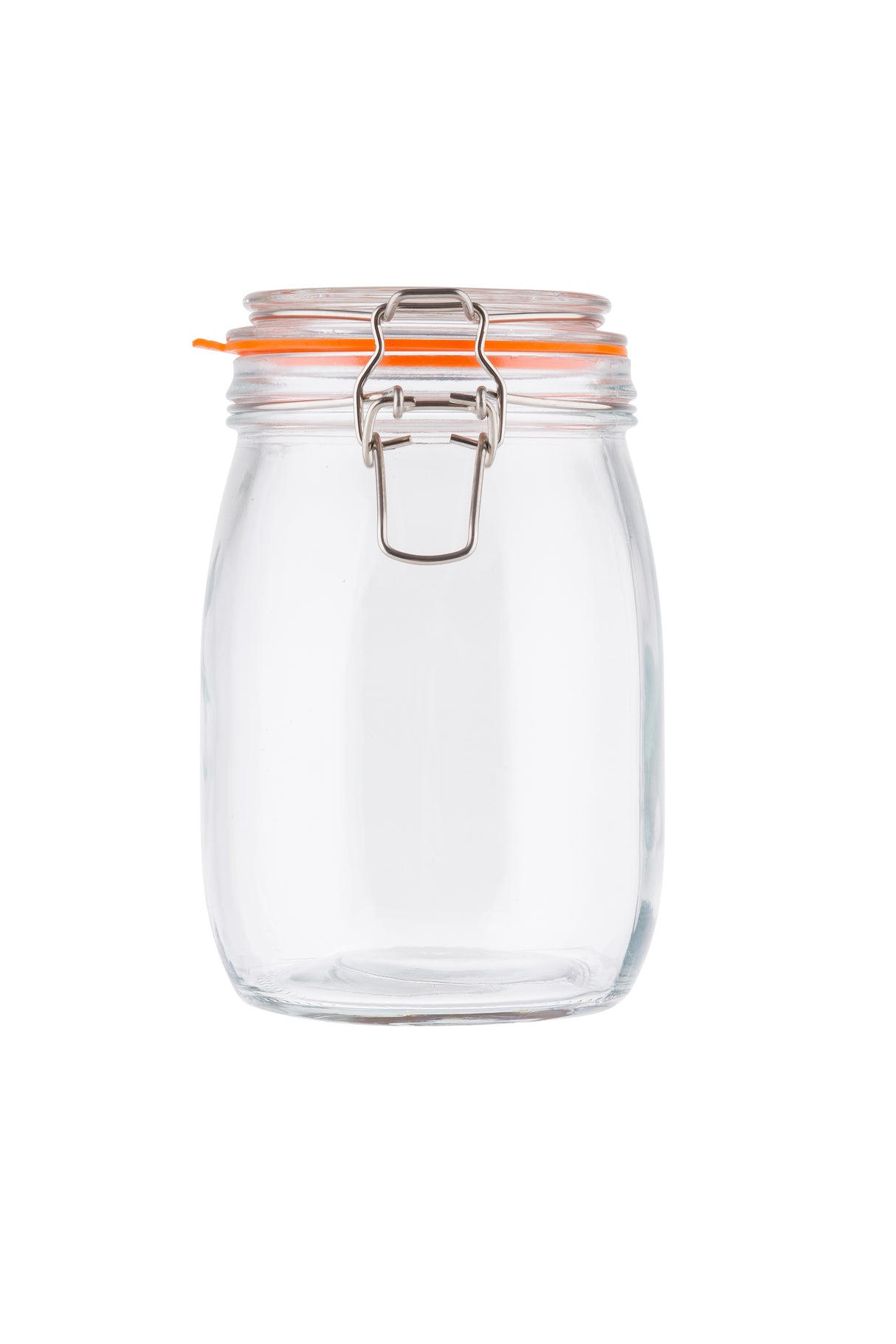 A clear resealable glass canister with a wide mouth sits against a white background. The jar features a metal clasp and clip-top lid with an orange rubber seal for an airtight closure. Its rounded shape and flat base make it both practical and stylish.