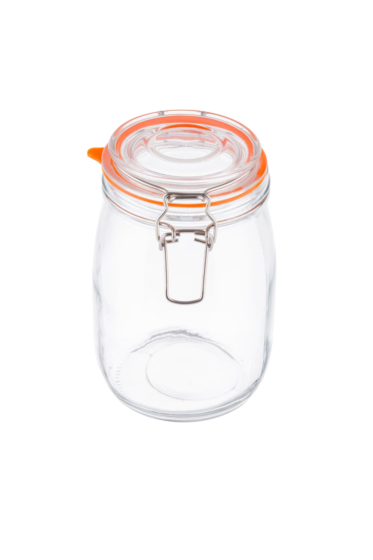A clear resealable glass canister with a wide mouth and an orange rubber seal. The jar features a metal clasp closure at the front. It is empty and positioned upright on a white background.
