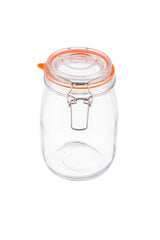 A clear resealable glass canister with a wide mouth and an orange rubber seal. The jar features a metal clasp closure at the front. It is empty and positioned upright on a white background.