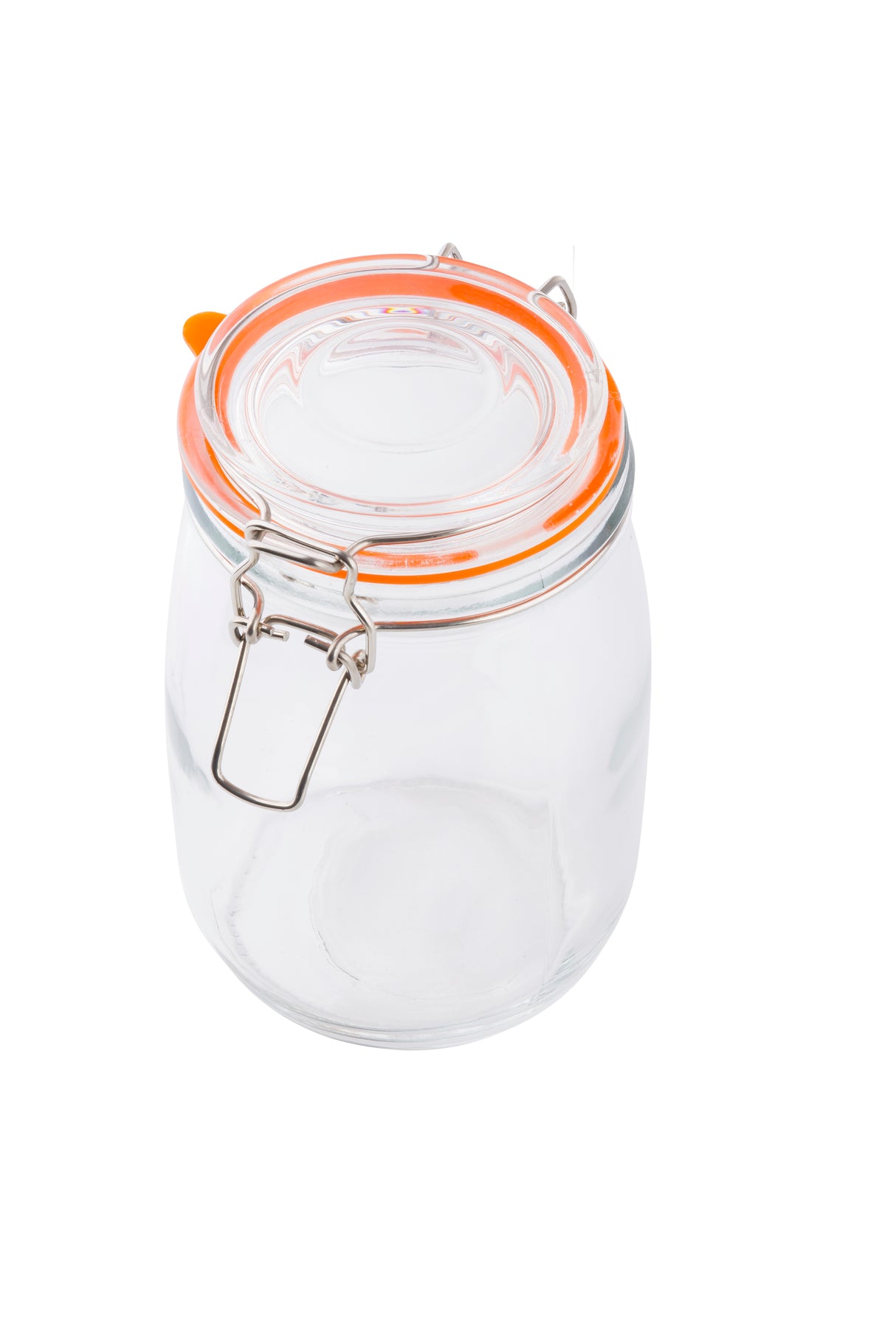A clear glass canister with a wide mouth and clip-top lid sits on a white background. The round jar features an orange rubber seal and metal clasp, making it perfect for airtight storage.