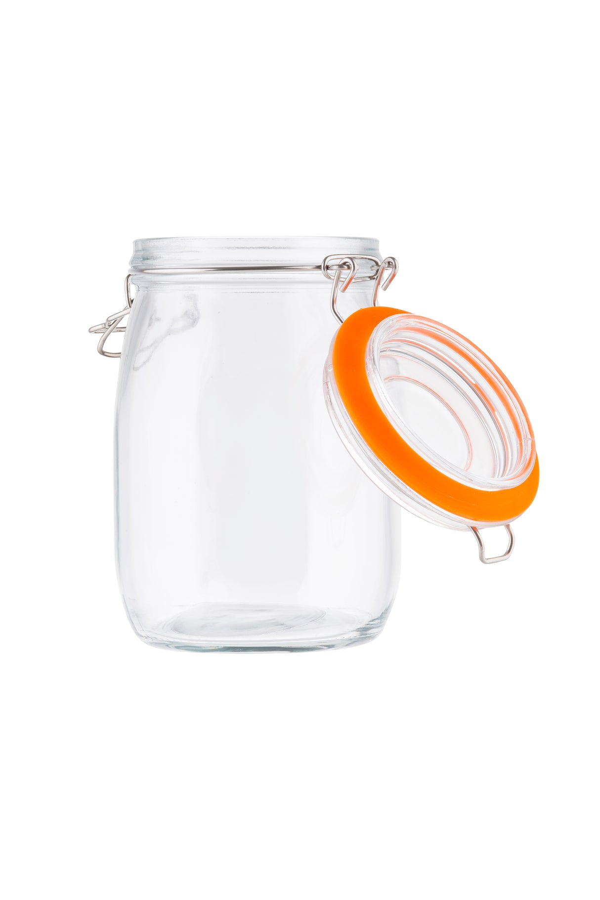 A clear glass jar with a clip-top lid featuring an orange rubber seal, shown open. The resealable glass canister is empty and set against a plain white background.