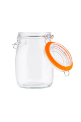 A clear glass jar with a clip-top lid featuring an orange rubber seal, shown open. The resealable glass canister is empty and set against a plain white background.