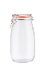 A clear glass canister with a metal clasp and an orange rubber seal sits upright on a white background. The resealable jar is empty, featuring a rounded body, wide opening, and securely fastened clasp.