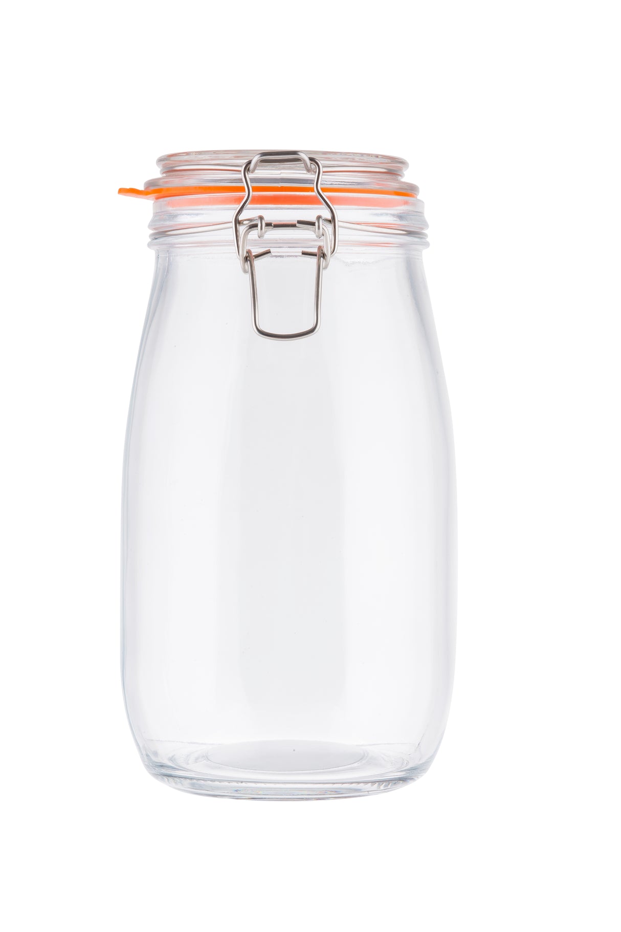 A clear, empty glass canister jar with a wide mouth, orange rubber seal, and a metal clasp closure stands upright against a plain white background. The resealable lid is transparent and tightly secured by the metal clasp.