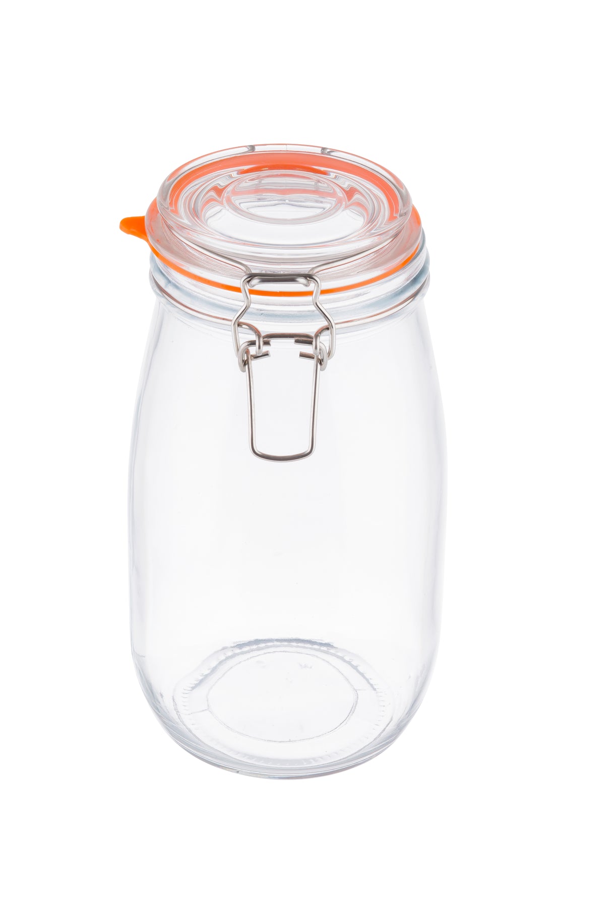 A clear, empty glass canister with a round shape, featuring a resealable hinged metal clasp and an orange rubber seal around the rim of the lid, stands upright on a white background.