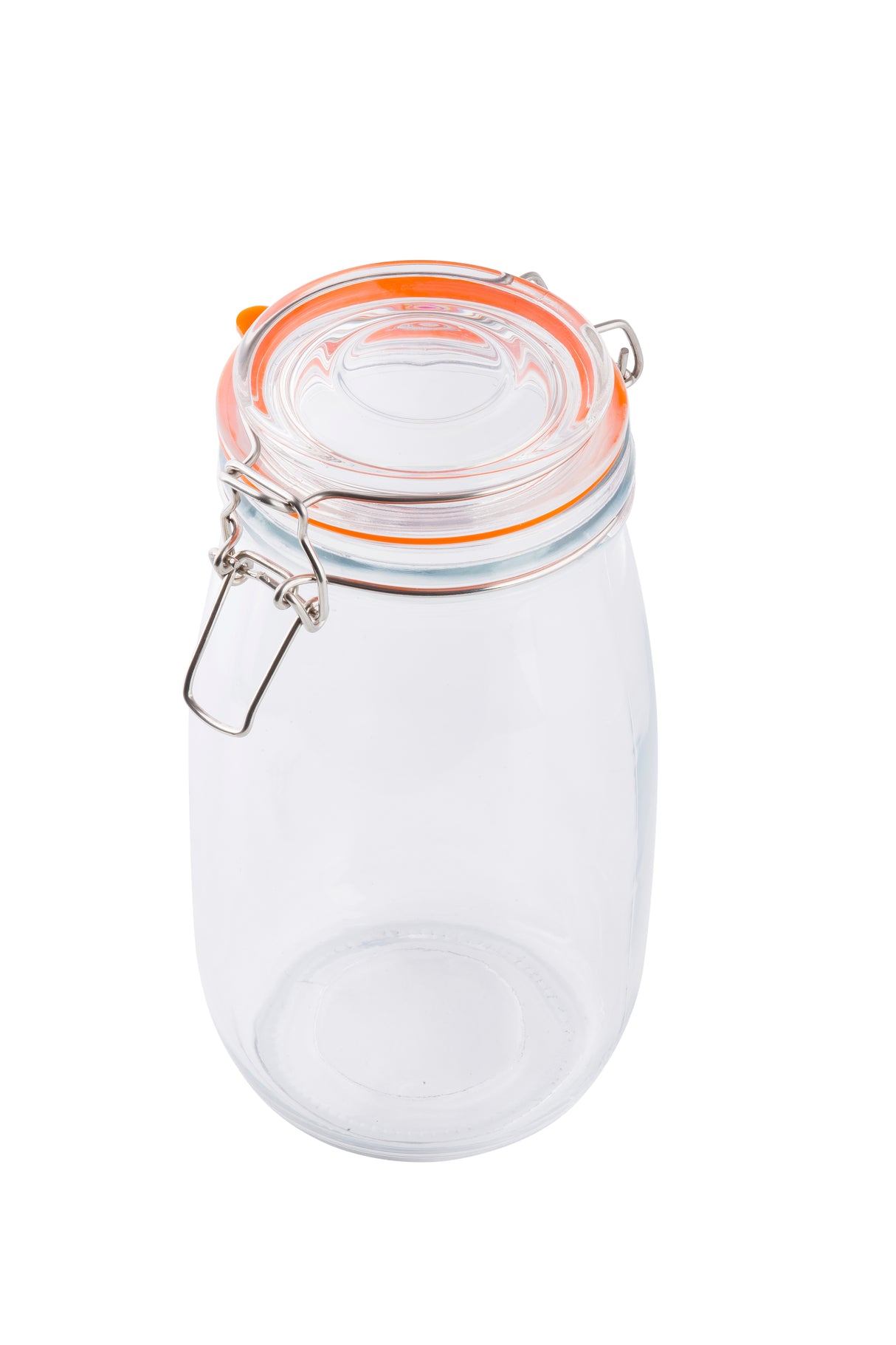 A clear glass canister jar with a hinged, resealable airtight lid featuring an orange rubber seal and metal clasp, shown against a white background.