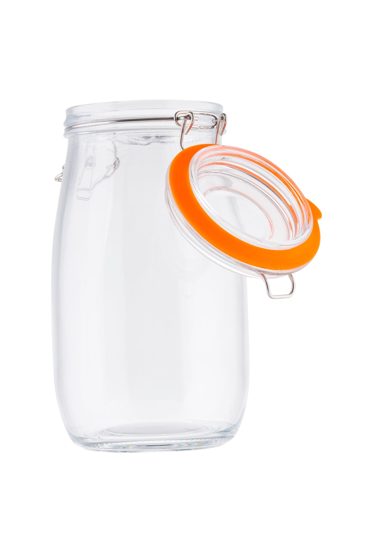 A clear glass canister with a hinged metal clasp and an orange rubber seal, shown with the lid open. This resealable jar is empty and sits against a plain white background.