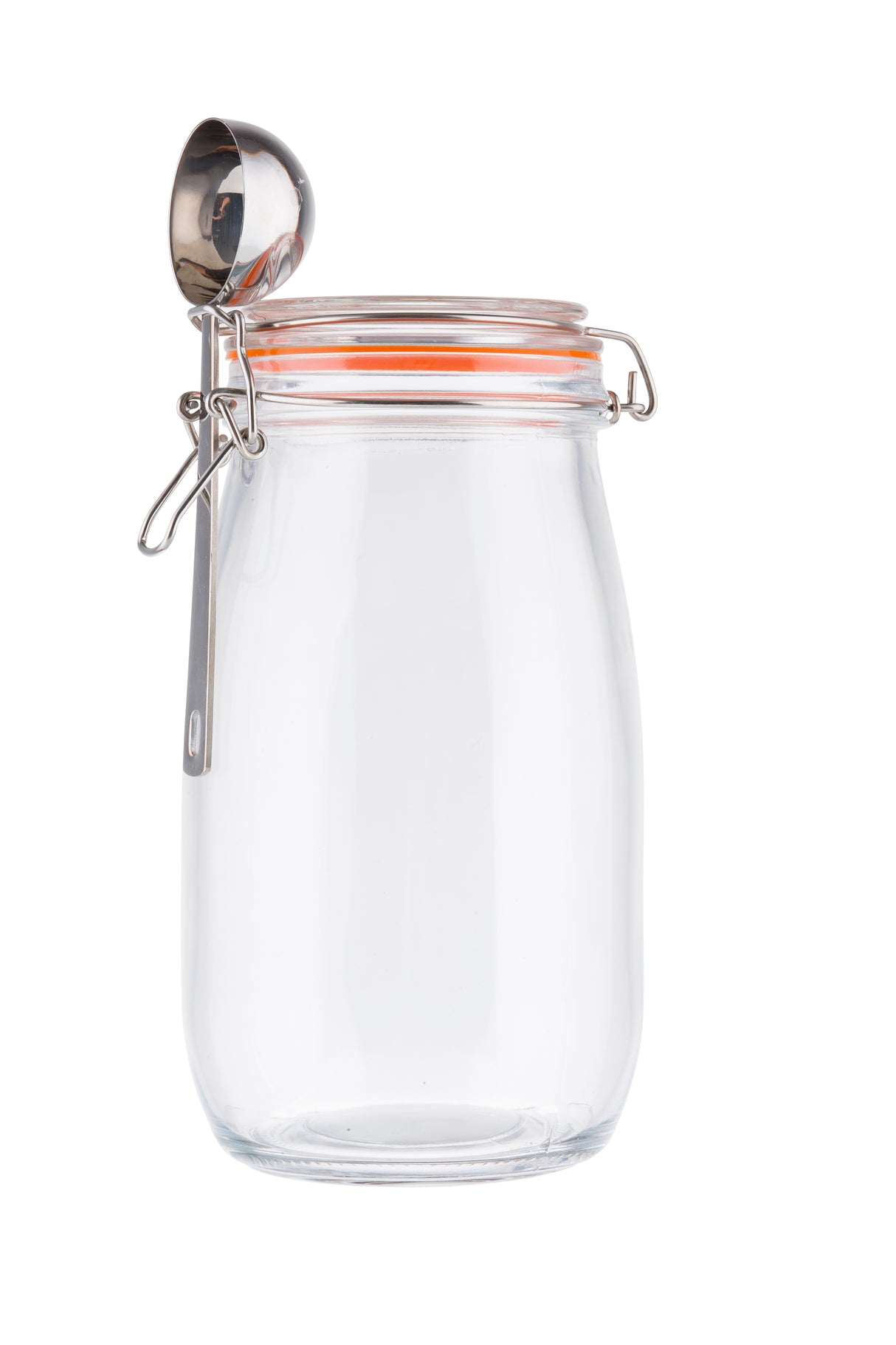 A tall, empty resealable glass canister with an orange rubber seal and a metal clasp lid sits upright. A metal measuring scoop hangs from the clasp. The background is white, highlighting the clean and transparent jar.