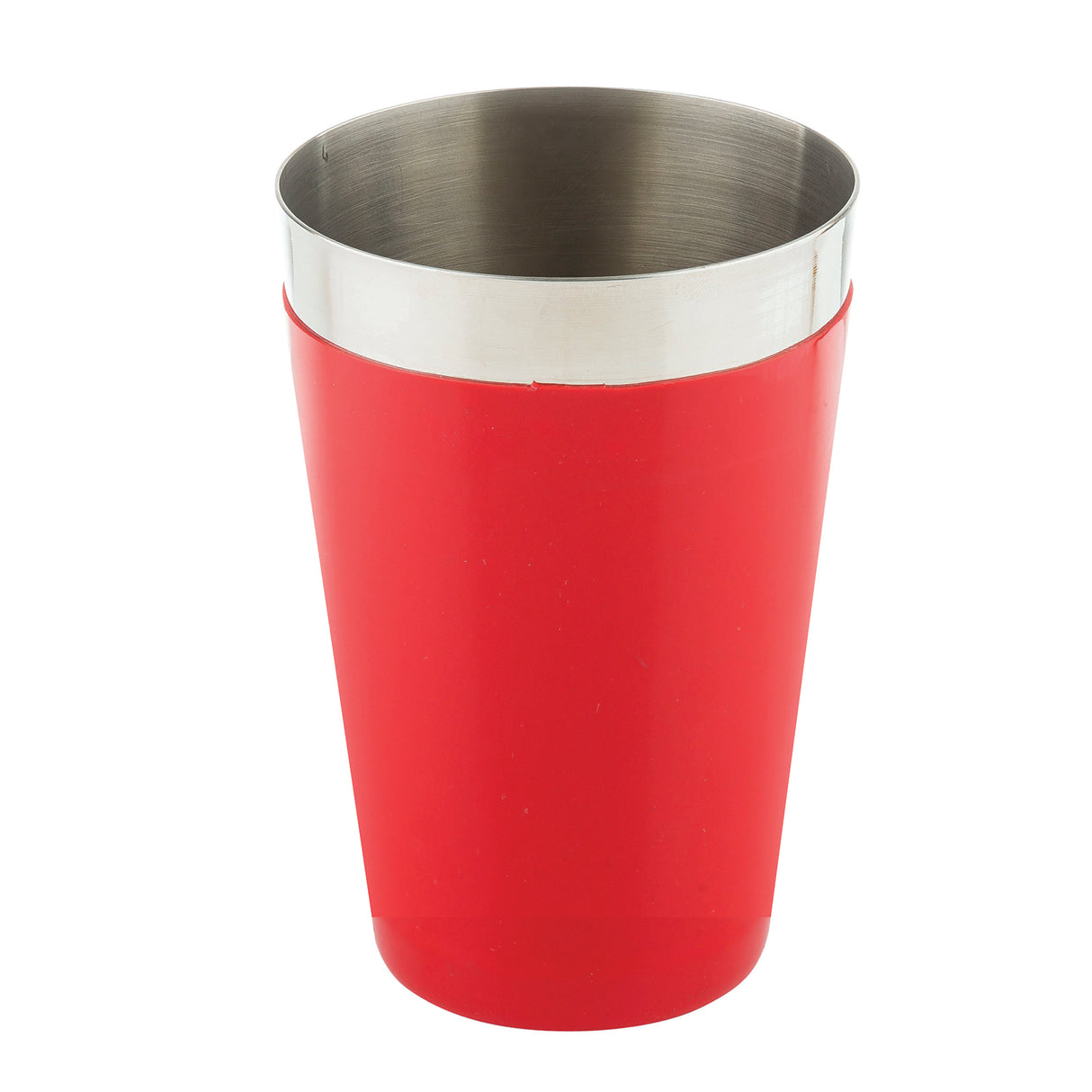 A red 16 oz tumbler with a shiny stainless steel interior and a smooth, solid exterior. The cup’s straight sides and wide opening resemble a bar shaker, while the red outer surface contrasts with the metallic silver rim and inside.