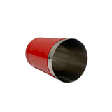 A 16 oz stainless steel tumbler with a shiny red exterior is shown lying on its side. The open end of the cup faces forward, revealing the metallic silver interior. The background is plain white, evoking the look of a sleek bar shaker.