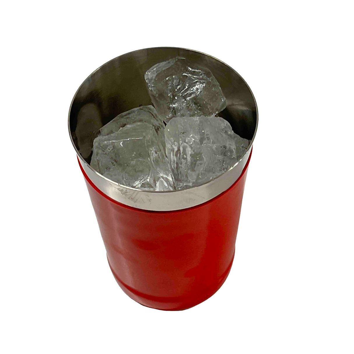 A 16 oz red stainless steel cup filled with several large, clear ice cubes rests against a plain white background. The cup’s metallic rim contrasts with its smooth, glossy red exterior, evoking the look of a classic bar shaker.