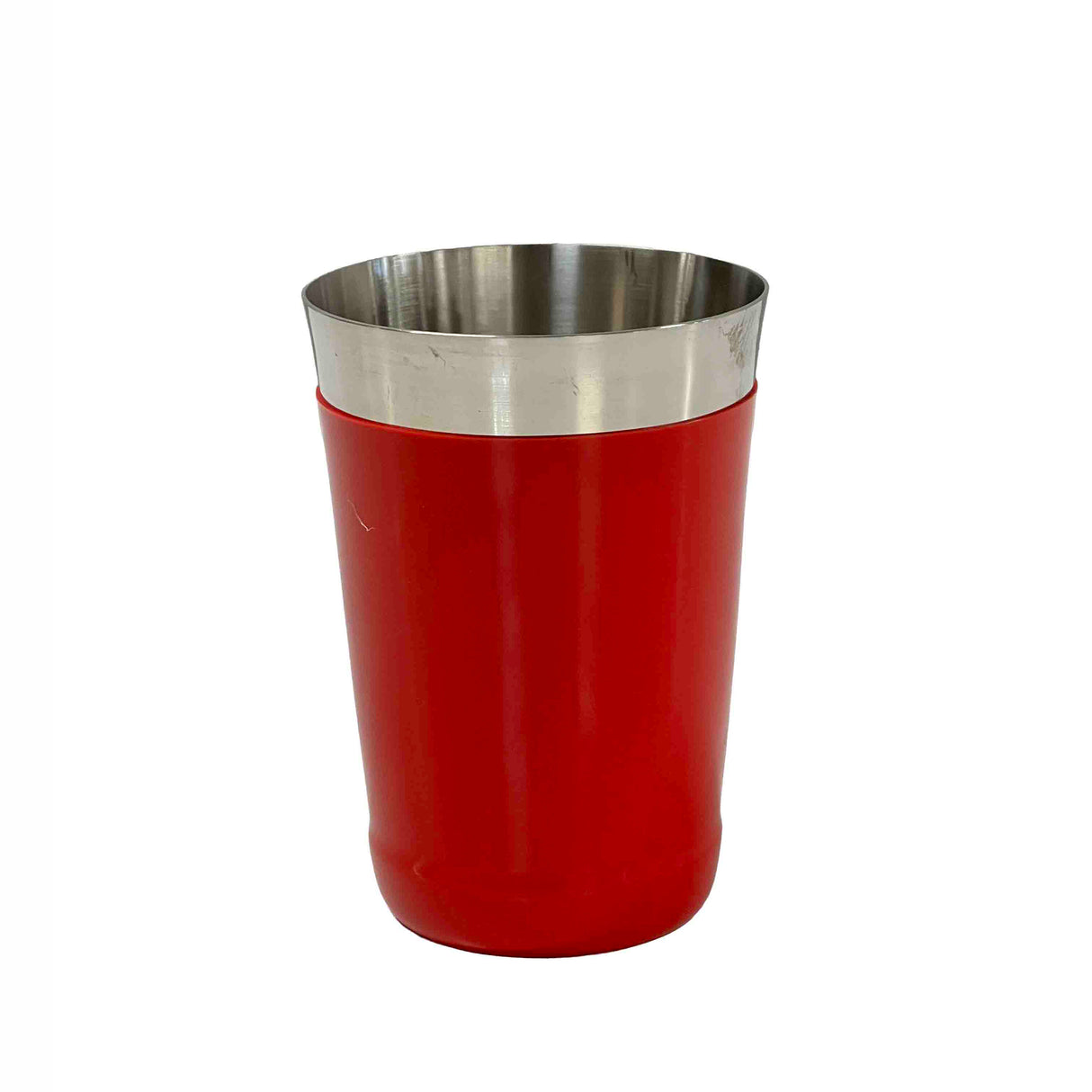 A 16 oz stainless steel tumbler with a shiny metallic rim and red exterior stands upright against a plain white background, showcasing its smooth cylindrical shape and reflective surface—perfect for use as a bar shaker or everyday drinkware.