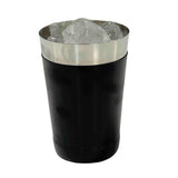 A sleek 16 oz stainless steel cup filled with clear ice cubes. The cup features a shiny silver rim and a matte black finish, resembling a classic bar shaker, photographed against a plain white background.