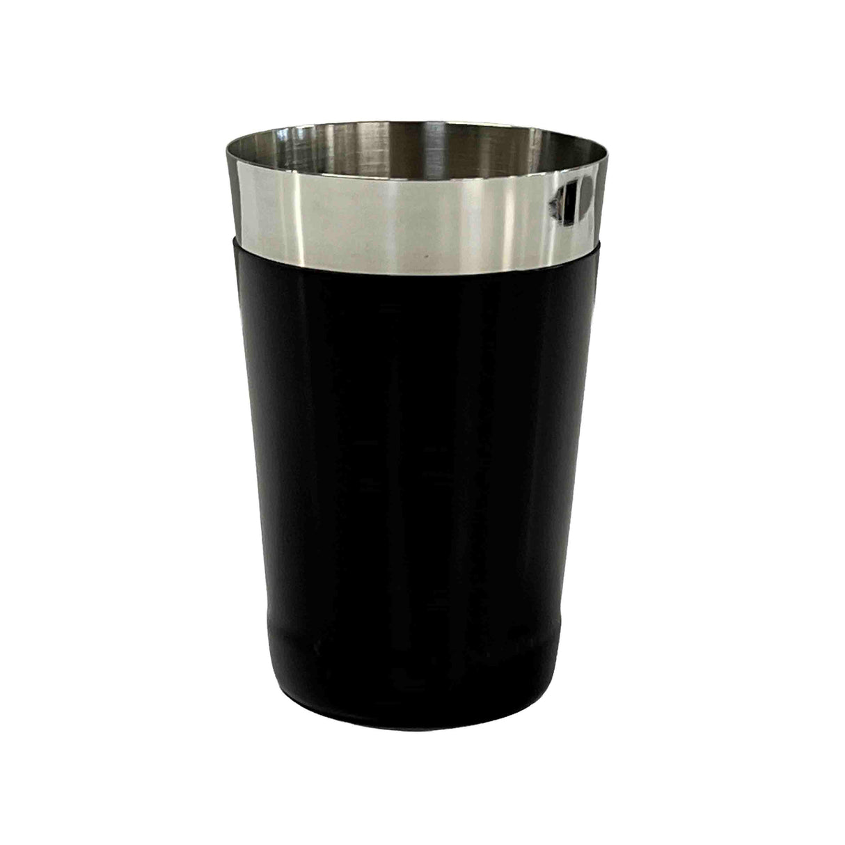 A 16 oz stainless steel tumbler with a shiny, metallic upper section and a matte black lower section. The cylindrical cup sits upright against a plain white background, resembling a sleek bar shaker in style.