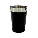 A 16 oz stainless steel tumbler with a shiny, metallic upper section and a matte black lower section. The cylindrical cup sits upright against a plain white background, resembling a sleek bar shaker in style.