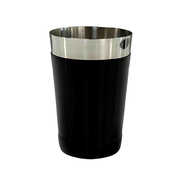 A 16 oz stainless steel tumbler with a shiny, metallic upper section and a matte black lower section. The cylindrical cup sits upright against a plain white background, resembling a sleek bar shaker in style.