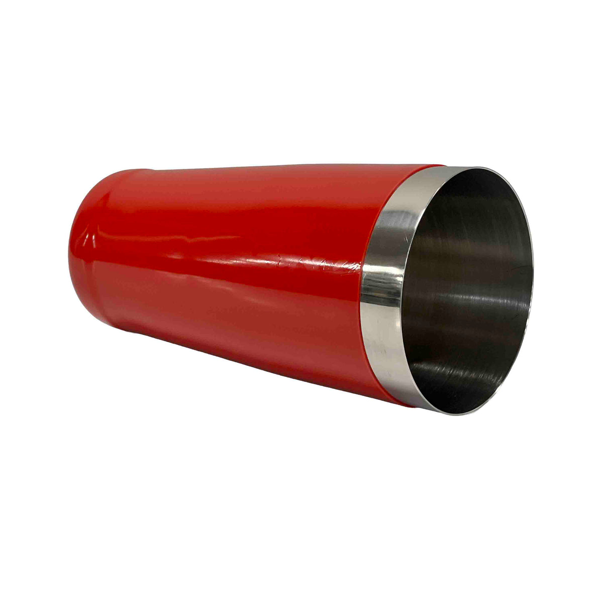 A shiny red 28 oz bar shaker tin with a metallic silver rim lies on its side, angled slightly upward. The smooth, reflective surface and visible stainless steel interior stand out against the plain white background.