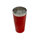 A 28 oz red stainless steel bar shaker filled with large, clear ice cubes. The cocktail shaker features a shiny silver rim and is pictured on a plain white background.